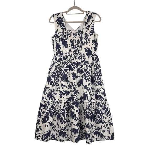Magaschoni Floral Linen Blend White Navy Blue Sleeveless Midi Dress Size 8 - Picture 3 of 7